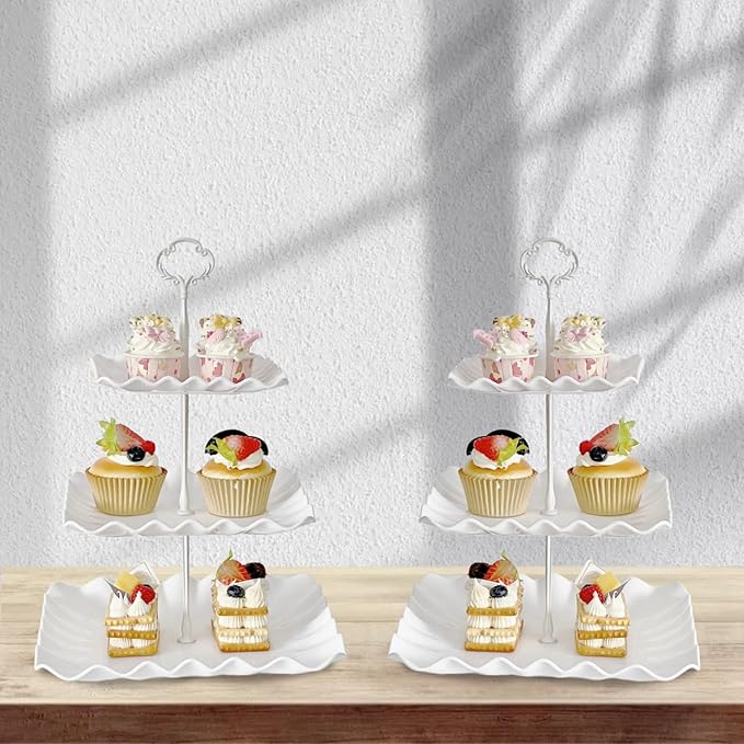 2 Pack of Plastic Square Dessert Cupcake Stand, 3 Tier Cup Cake Holder Tower for Tea Party/Birthday/Wedding, Plastic Tiered Serving Tray (White)