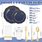 KIRE 210Pcs Navy Blue Plastic Plates - Blue and Gold Plates Disposable - 30guest Baroque Plastic Dinnerware for Upscale Wedding/Parties/Passover/Graduation