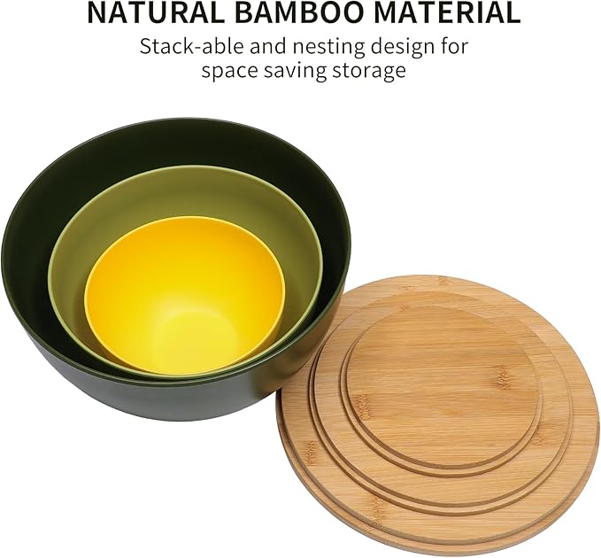 ECOWAY Salad Bowl Set of 3 with Bamboo Lids, Mixing Bowl Set, Nesting Bowls for Space Saving Storage, Made with Durable Eco-Friendly Bamboo Fiber, Great for Prepping and Serving Food (3 Colors)