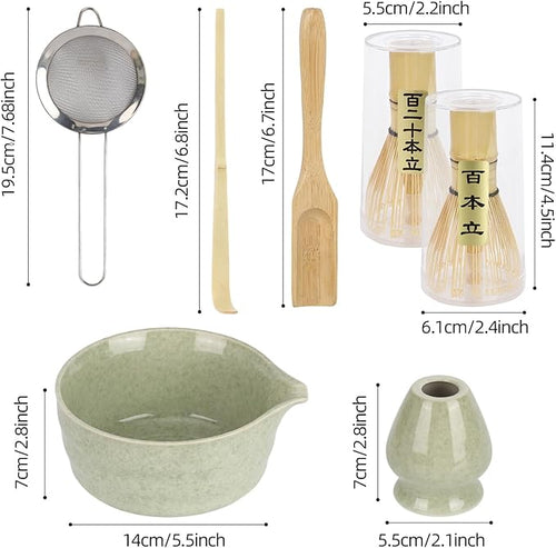 6Pcs Matcha Whisk Set With Bamboo Whisk(120-Prong) and Ceramics Holders and Bowl,Scoop,Stainless Steel Sifter for Women Christmas Birthday Gifts