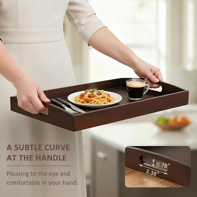 Bamboo Serving Tray with Handles, Set of 2 Large Wood ServingTrays for Food & Coffee, Elegant Wooden Tray for Breakfast in Bed, Kitchen & Party & Entertaining - Black Walnut Finish