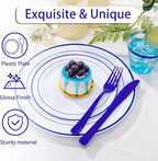 WELLIFE 210 Piece Blue Disposable Dinnerware Set,Plastic Plates for Party, Include: 30 Dinner Plates, 30 Dessert Plates, 30 Pre Rolled Napkins with Gold Silverware and 30 Gold Cups