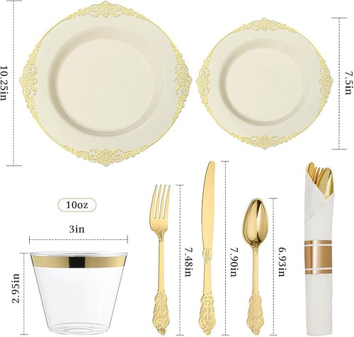 Bestluck 350PCS Ivory Plastic Plates for 50 Guests, Disposable Dinnerware Sets Include 100 Gold Rim Plastic Plates, 50 Silverwares, 50 Cups, and 50 Pre Rolled Napkins for Party, Wedding, Graduation