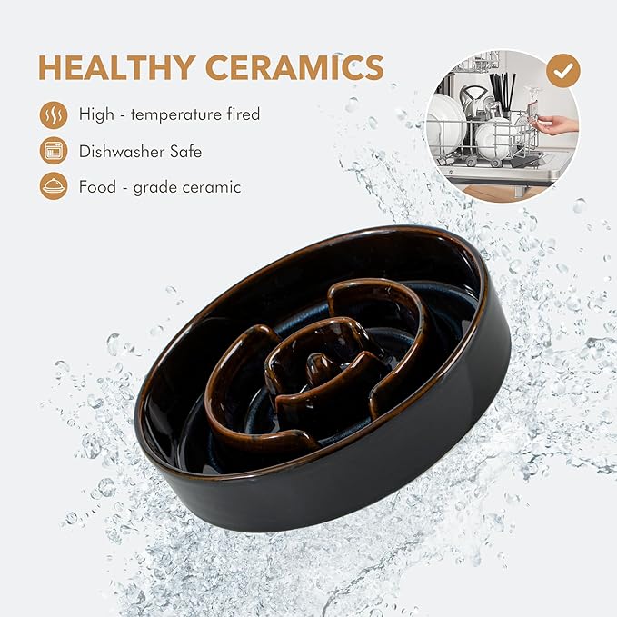 Havniva Ceramic 3.2 Cup Raised Slow Feeder Dog Bowl Set, Elevated 8.2inch Bowl and 9.5inch Dish with Acacia Wood Stand for Large Dog, Stop Bloat(2 x Starry Sky+ Stand)