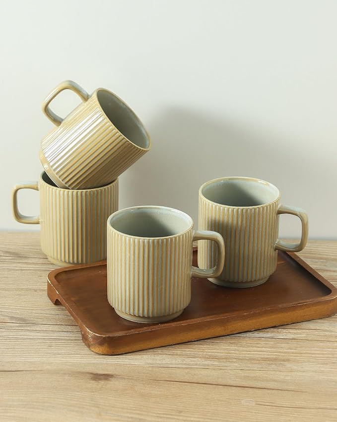 Coffee Mugs Set of 4, Ceramic Ribbed Tea Coffee Cups with Handle, Large Porcelain Mug for Americano, Latte, Cappuccino, Hot Chocolate, Grey