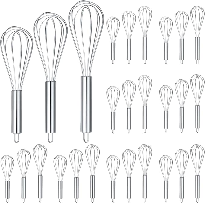 Domensi 24 Pcs 8" 10" 12" Whisks Set Kitchen Whisks for Cooking Heat Resistant Stainless Steel Balloon Wire Whisk Bulk for Non Stick Cookware Blending Stirring Valentines Day Baking