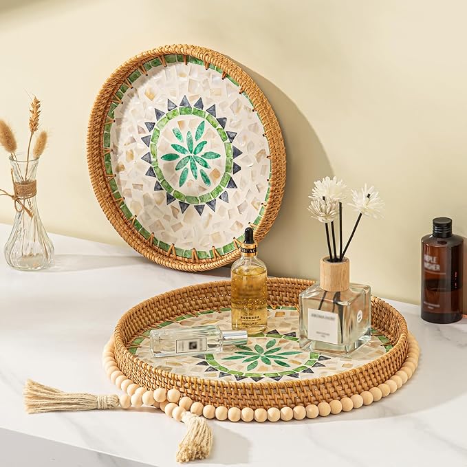 Round Rattan Tray Home Decor, 12'' Wicker Serving Tray with Mother of Pearl Inlay, Boho Decorative Tray for Coffee Table, Bathroom, Ottoman, Kitchen Table (Coastal Blue)