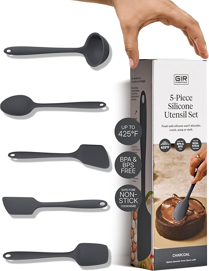 GIR 5-Piece Silicone Kitchen Utensils Set, Non-Toxic Cooking Utensils for Cooking and Baking, Heat Resistant, Food Grade, Dishwasher Safe Rubber Spatula, Ladle, Spoon - Charcoal
