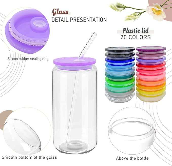 WHEATHUSK 20 Pack Glass Cups with Acrylic Lids and Glass Straws 16oz Iced Coffee Cups Clear Glass Tumbler Can Shaped Drinking Glasses, Cute Glass Smoothie Cups for Tea Beer Soda Whiskey Gift