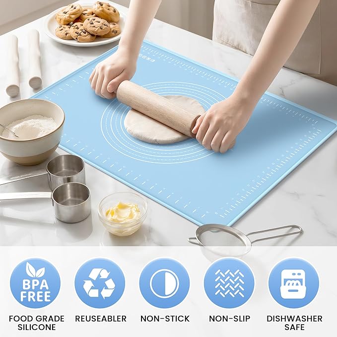 Silicone Baking Mat 20x16 Inches | Extra Thick Dough Rolling Mat with Measurements and Edge Heightening | Non-Stick Food Grade Pastry Mat for Pastry, Bread, Cookies, Pizza, Fondant & Pasta