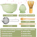 Matcha Whisk Set, Lotus Green Ceramic Matcha Set Includes Matcha Bowl, Matcha Whisk (Chasen) and Holder, Sifter, Bamboo Scoop & Spoon - 6 Pcs Matcha Kit for Matcha Lovers