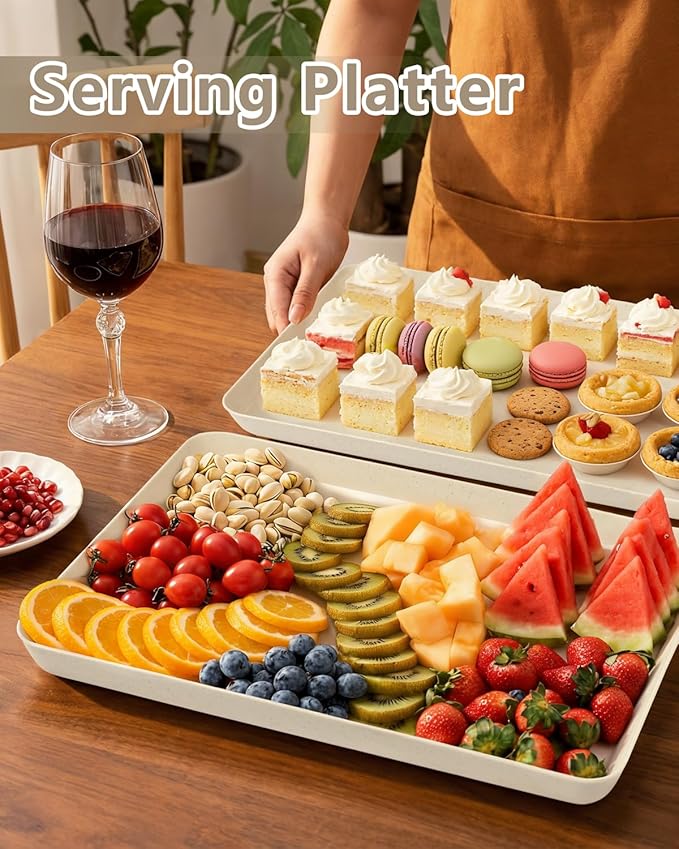 YOUBET 8 PCS Plastic Serving Trays - Ivory Wheat Straw Trays for Serving Food - Super Strong Disposable Platters, Heavy Duty Plastic Trays for BBQ, Picnic, Party, Wedding