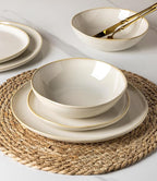 GBHOME Stoneware Dinnerware Sets for 8, 24 Pieces Rustic Ceramic Plates and Bowls Set, Handmade Reactive Glaze Plate Sets, Highly Chip Resistant Dishes, Microwave & Dishwasher Safe, Antique White