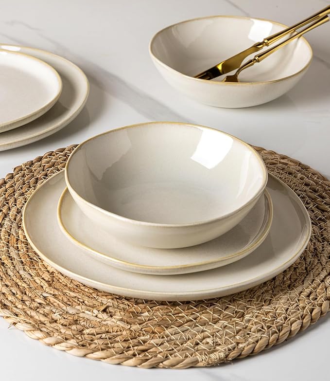 GBHOME Stoneware Dinnerware Sets for 8, 24 Pieces Rustic Ceramic Plates and Bowls Set, Handmade Reactive Glaze Plate Sets, Highly Chip Resistant Dishes, Microwave & Dishwasher Safe, Antique White