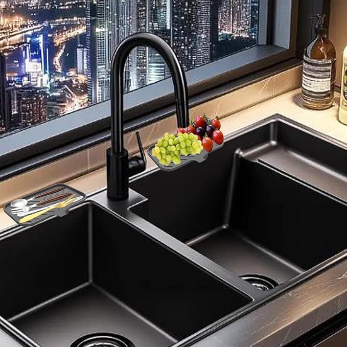 2 PC Sponge Stand for Kitchen Sink and Soap Tray for Bathroom Sink, Silicone Soap Dish with Drain and Toothbrush Holder, Cutlery Dispenser, Tray and Utensil Organizer