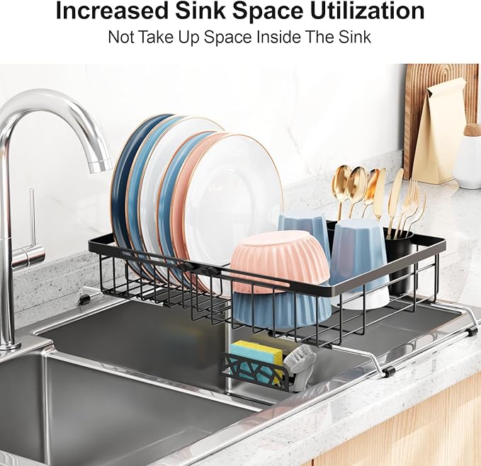 iSPECLE Expandable Dish Drying Rack for Kitchen Sink - Rust Resistant Adjustable Over the Sink Dish Drainer with Non Slip Rubber, 12.7" W x 12.8"-25.2" L, Black