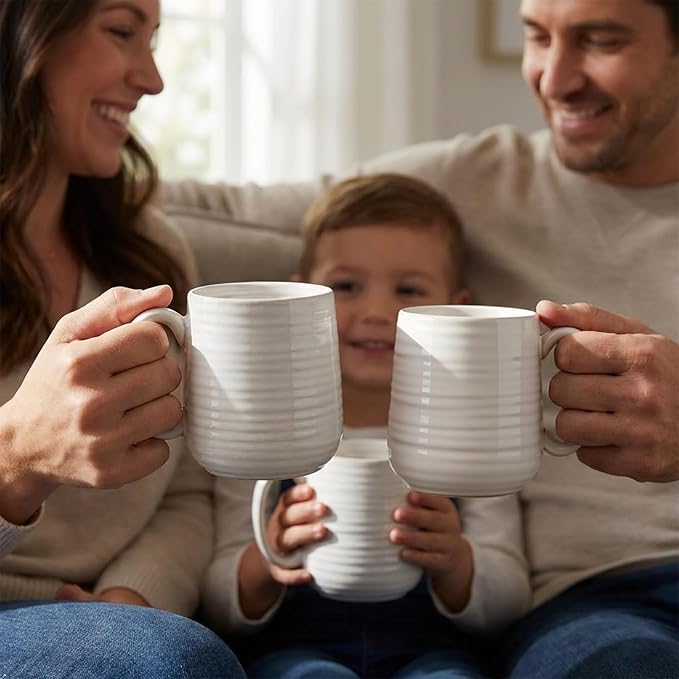 MEKY Coffee Mugs, 15 OZ Ceramic Coffee Cups Set of 4, Latte Mug with Handle for Latte Milk Cappuccino Cocoa Mocha Tea For Dad and Mom as Gifts, Dishwasher Microwave Safe, Arctic White
