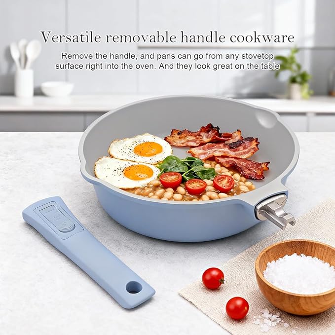 12 Inch Nonstick Saute Pan with Lid, Ceramic Large Deep Frying Pans Skillet Nonstick, 5 Qt Non Stick Sauté Pan, Compatible with All Stoves, Detachable Handle, Oven Safe, PFOA Free, Blue