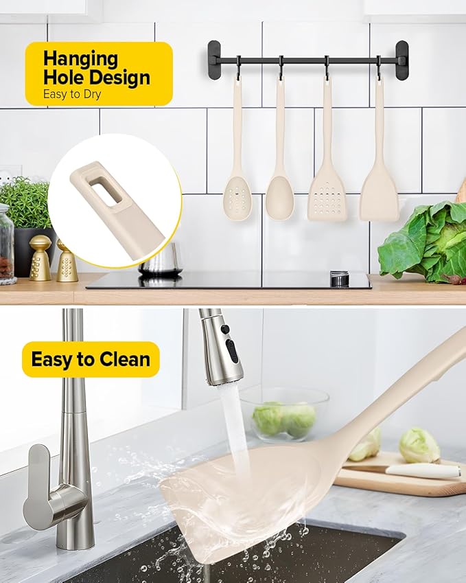 Pack of 4 Silicone Cooking Utensils Set, Non Stick Solid Spatulas and Heat Resistant Slotted Spoons with Back Hooks, Ideal BPA Free Kitchen Utensils Set for Frying,Serving,Turning,Stirring(KHAKI)