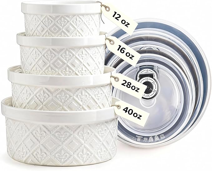 Large Mixing Bowls with Airtight Lids, Classic White Porcelain Embossed Nesting Salad Bowls for Baking and Cooking, 12/16/28/40oz Serving Bowls Set of 4, Oven and Dishwasher Safe, Thanksgiving Gift