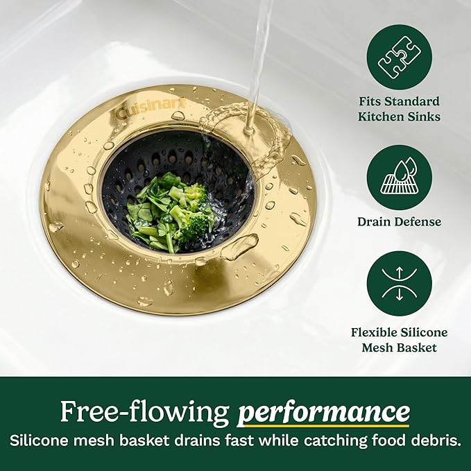 Cuisinart 2 Piece Sink Set – Sink Drain Strainer with Stainless Steel Rim & Silicone Mesh Base & Sponge Holder for Kitchen Sink, Metal Caddy with Triple Suction Cups, Daily Kitchen Essentials