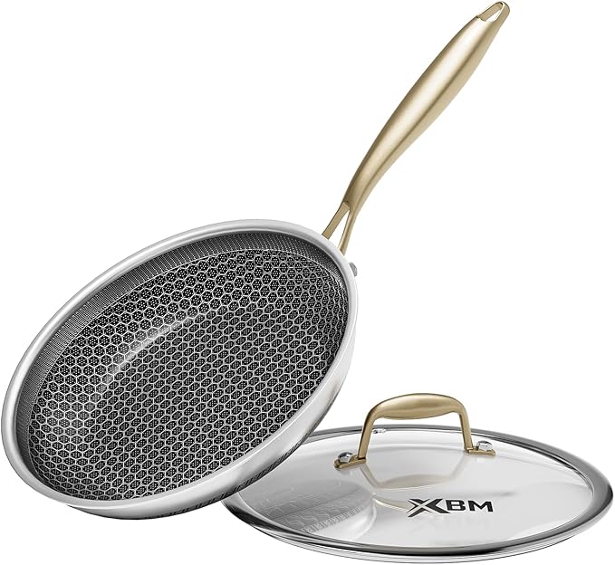 Honeycomb Stainless Steel Nonstick Frying Pan with Lid 8 Inch, Induction Cooktop Compatible Skillet, PFOA-Free Scratch-Proof, Dishwasher & Oven Safe, Stay-Cool Handle, Gold Kitchen Cookware