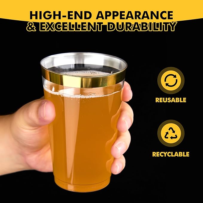 RACETOP 100 Pack 14oz Gold Rimmed Plastic Cups, Heavy Duty Disposable Glasses, Elegant Gold Rimmed Disposable Hard Cups for Party, Thanksgiving, Wine Taesting, Birthday and Christmas.