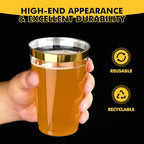 RACETOP 200 Pack 14oz Gold Rimmed Plastic Cups, Heavy Duty Disposable Glasses, Elegant Gold Rimmed Disposable Hard Cups for Party, Thanksgiving, Wine Taesting, Birthday and Christmas.