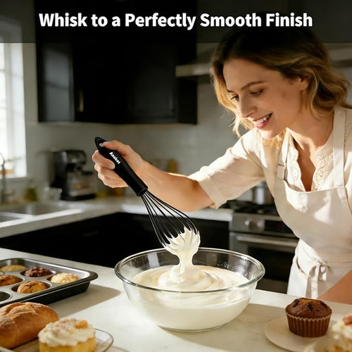 Anaeat Kitchen Whisk Set of 5, Perfect for Non-Stick Cookware, Egg Beater Milk Blender for Whisking, Cooking, Baking - 5"+7" Mini Wire Whisk and 9''+11''+12'' Silicone Balloon Whisks (Black)
