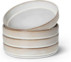 E-far Pasta Bowls Set of 4, 35oz Large Salad Bowl Plate for Dinner Serving Soup, Wide & Shallow Ceramic Stoneware Pasta Plates, Microwave & Dishwasher Safe, Reactive Glaze Texture-Stripe, Creamy Beige