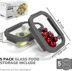 5-Pack Borosilicate Glass Containers with Tempered Lids, 35.2oz/4.4 Cup Airtight Meal Prep Set, Microwave/Freezer Safe (Gray)