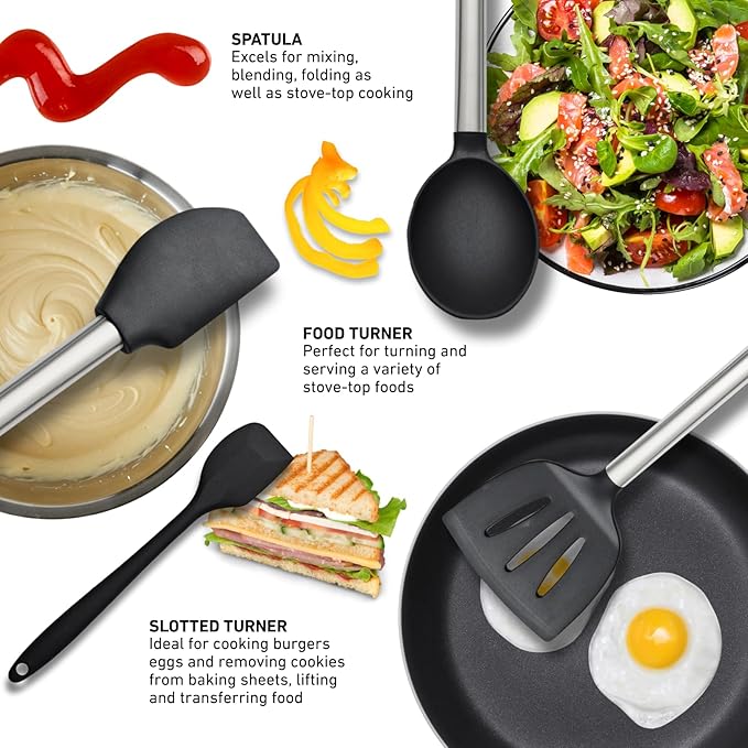 Silicone Kitchen Utensils Set 33 PCS Heat Resistant Food Grade Silicone Utensils Set for Cooking with Stainless Steel Handles BPA Free Kitchen Gadgets Tools Set with Holder for Nonstick Cookware Black