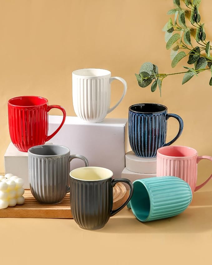 HASENSE 16oz Ceramic Coffee Mugs Set of 4, Black Ribbed Latte Cups with Large Ergonomic Handle, Modern Lightweight, Great for Coffee, Tea & Cocoa, Dishwasher & Microwave Safe