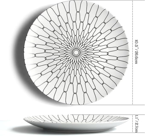 10-Inch Dinner Plates Set of 6, Black and White Grid Ceramic Plates, Large Checkerboard Design for Main Course, Restaurant-Style, Microwave & Oven Safe