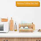 Bamboo Dish Drying Rack, 3-Tier Collapsible Wooden Dish Rack with Utensil Holder, Bamboo Dish Drainer Rack for Kitchen Counter 25pcs