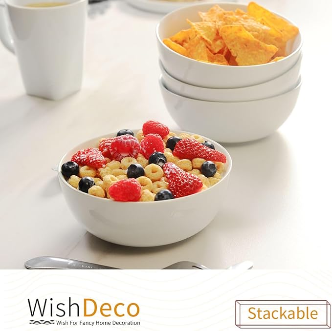 WishDeco Cereal Bowls Set of 4, White Soup Bowls 20 oz, Ceramic Breakfast Bowl 6 Inch, Kitchen Bowl for Salad, Pasta, Ramen, Oatmeal, Noodle, Rice, Microwave and Dishwasher Safe