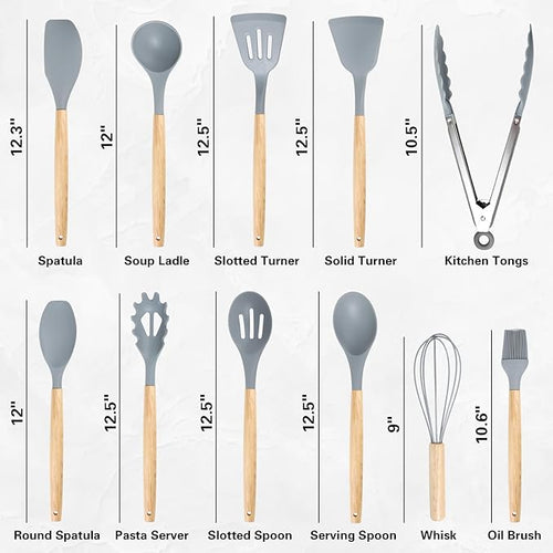 19 PCS Kitchen Cooking Utensils Set, 11 Pieces Silicone Cooking Utensils Set 6 Pieces Sharp Stainless Steel Gray Knife Set with 1 Piece Cutting Board, Ideal for Apartment