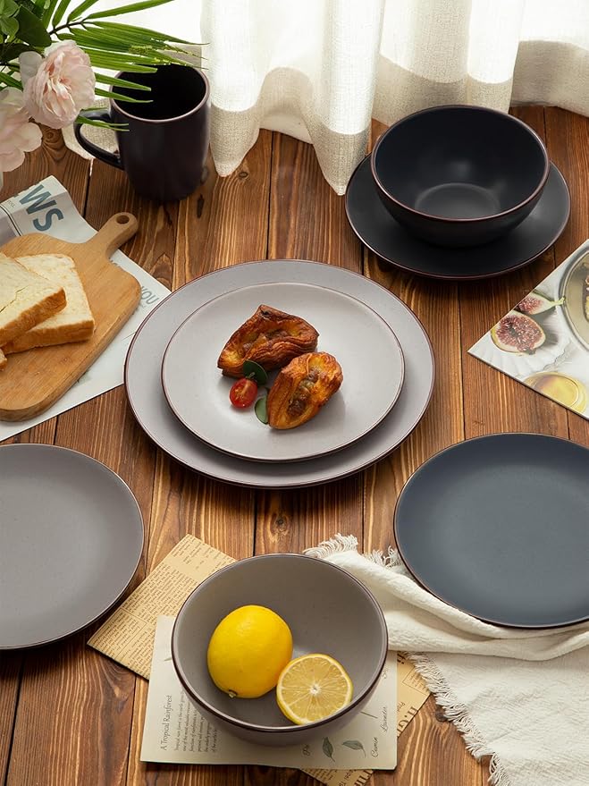 Famiware Venus Plates and Bowls Sets, 12 Pieces Stoneware Speckled Dishes Dinnerware Set for 4, Assorted Colors - Microwave & Dishwasher Safe, Modern Minimalist, for Everyday Meals & Formal Dining