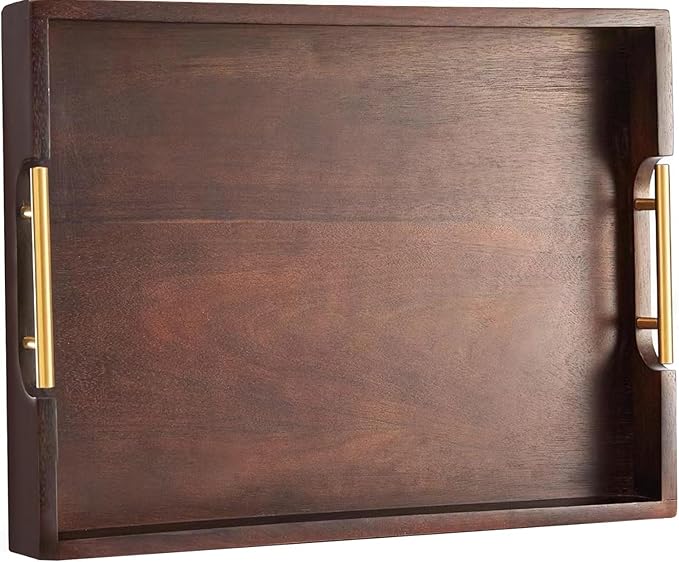 Joy&Grace Ottoman Tray for Living Room, Large Acacia Wooden Serving Tray with Handles for Coffee Table, Breakfast in Bed, Food Dinner, Decorative Tray (Sleek Brown, 16.7" x 12.8" x 2")