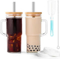 JunVpic 24oz Ribbed Glass Tumbler with Straw and Lid,Glass Cups with Handle,Stainless Steel Straws & Cleaning Brushes – Iced Coffee Cup for Smoothies, Tea, and Gifts, Set of 2