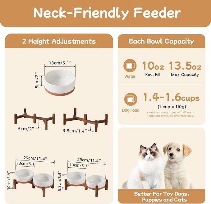 Havniva Ceramic 5.1inch Raised Double Bowls Set with Acacia Wood Stand, 2 Heights Elevated, Food & Water Bowls for Puppy, Kitty, Cats(13.5oz, Vanilla White)