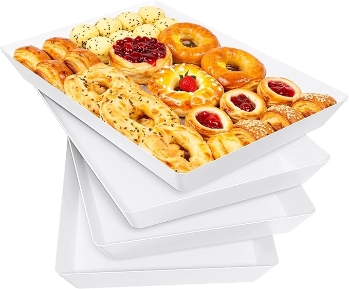 4-Pack Serving Tray, Serving Platter for Parties, Entertaining, Camping & Food Display, Reusable & Stackable Plastic Trays in Kitchen, Rectangular Food Platters for Cookie, Appetizer(White)