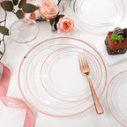 bUCLA 600PCS Clear Rose Gold Plastic Dinnerware Set Disposable - Include 100 Dinner Plates, 100 Dessert Plates, 100 Knives, 100 Forks, 100 Spoons, 100 Cups for Party, Wedding & Mother's Day