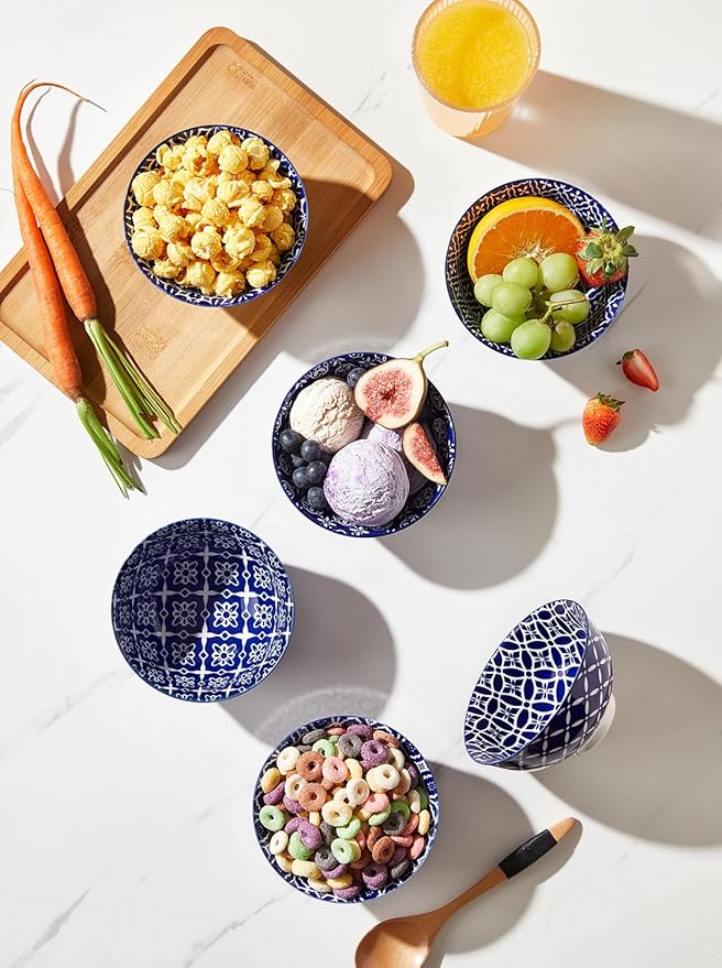 Metahom Blue and White Bowls, Ceramic Dessert Bowls 10 Oz, Porcelain Bowl Set for Ice Cream, Decorative Bowls for Snack Soup Condiments, Side Dishes, Set of 6