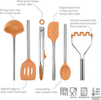 Tovolo Silicone Cooking Utensil Set of 6 Stainless Steel Handle Ladle Slotted Turner Tongs Flex Core Spatula Scraper Mixing Spoon & Potato Masher, Dishwasher Safe BPA Free Utensils, Apricot Orange