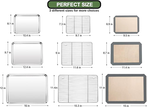 Baking Sheet Tray Cooling Rack with Silicone Mat Set, Stainless Steel Cookie Pan For Oven, Set of 9 (3 Sheets + 3 Racks Mats), Warp Resistant & Heavy Duty & Easy Clean, Grey