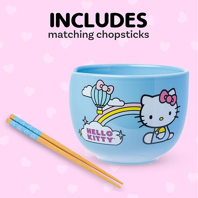 Silver Buffalo Sanrio Hello Kitty Rainbow Ceramic Ramen Bowl with Chopsticks, 20 Ounces
