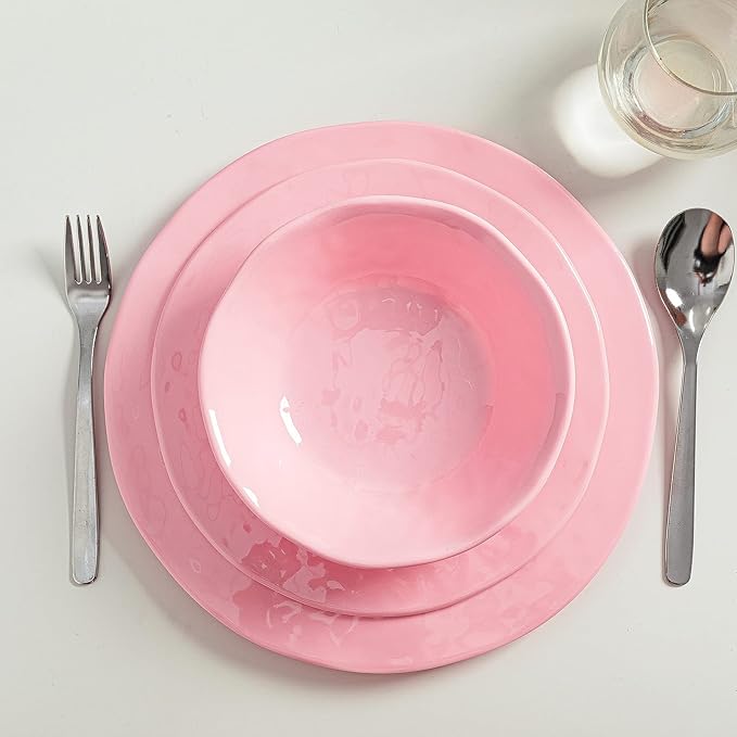 LEHAHA Pink Dishes Melamine Dinnerware Sets, 12 Piece Kitchen Plates and Bowls Dinnerware Sets, Lightweight, BPA free Melamine Dishes for Girls, Valentine's Day, Mother's Day.