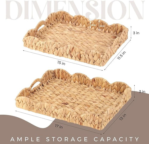 2Pcs - Scalloped Basket, Decorative Basket, Water Hyacinth Tray (17 x 13 x 3 inch - 2Pcs) with Scalloped Edge and Built-in Handles, Rectangle Serving/Woven/Basket/Seagrass Tray