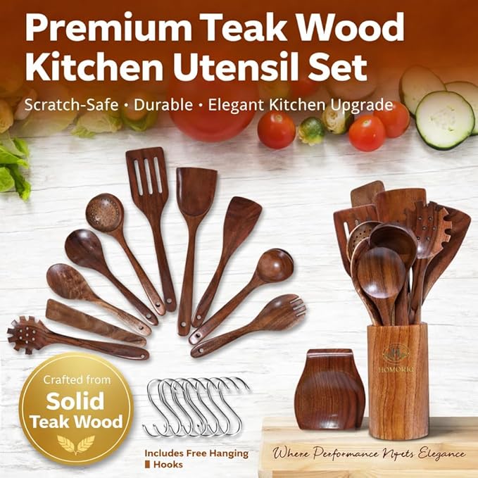 Wooden Kitchen Utensil Set 12 Piece- Teak Wood Cooking Utensils Set with Holder, Wooden Spoons for Cooking, Non-Toxic Natural Wood Kitchen Tools